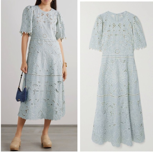 NWT SEA NY Blaire Shell-Embellished Broderie Anglaise Cotton Midi Dress Size 6 - Picture 3 of 9